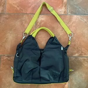 Lasso Jean bag with lime green handles and strap for diapers, hand or travel bag